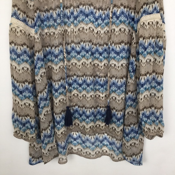 Sundance Women’s Silk Semi Sheer Boho Tunic Top Balloon Sleeve Blue Gray Blouse - Picture 2 of 13